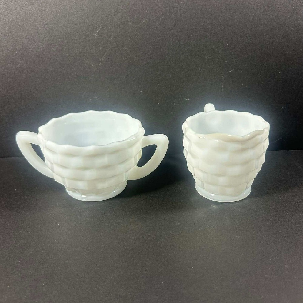 Milk Glass Basketweave Creamer Sugar Bowl Set White‎ Vintage